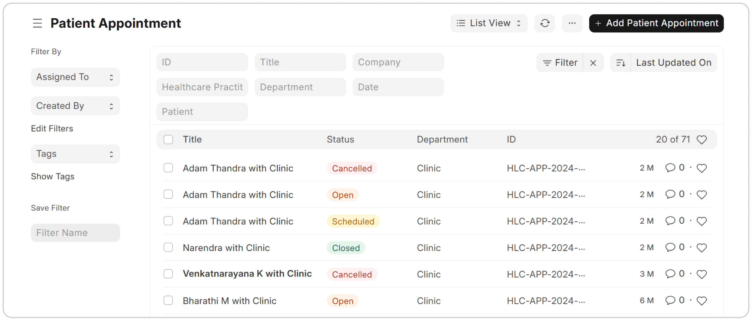 Patient appointment list with status and filters