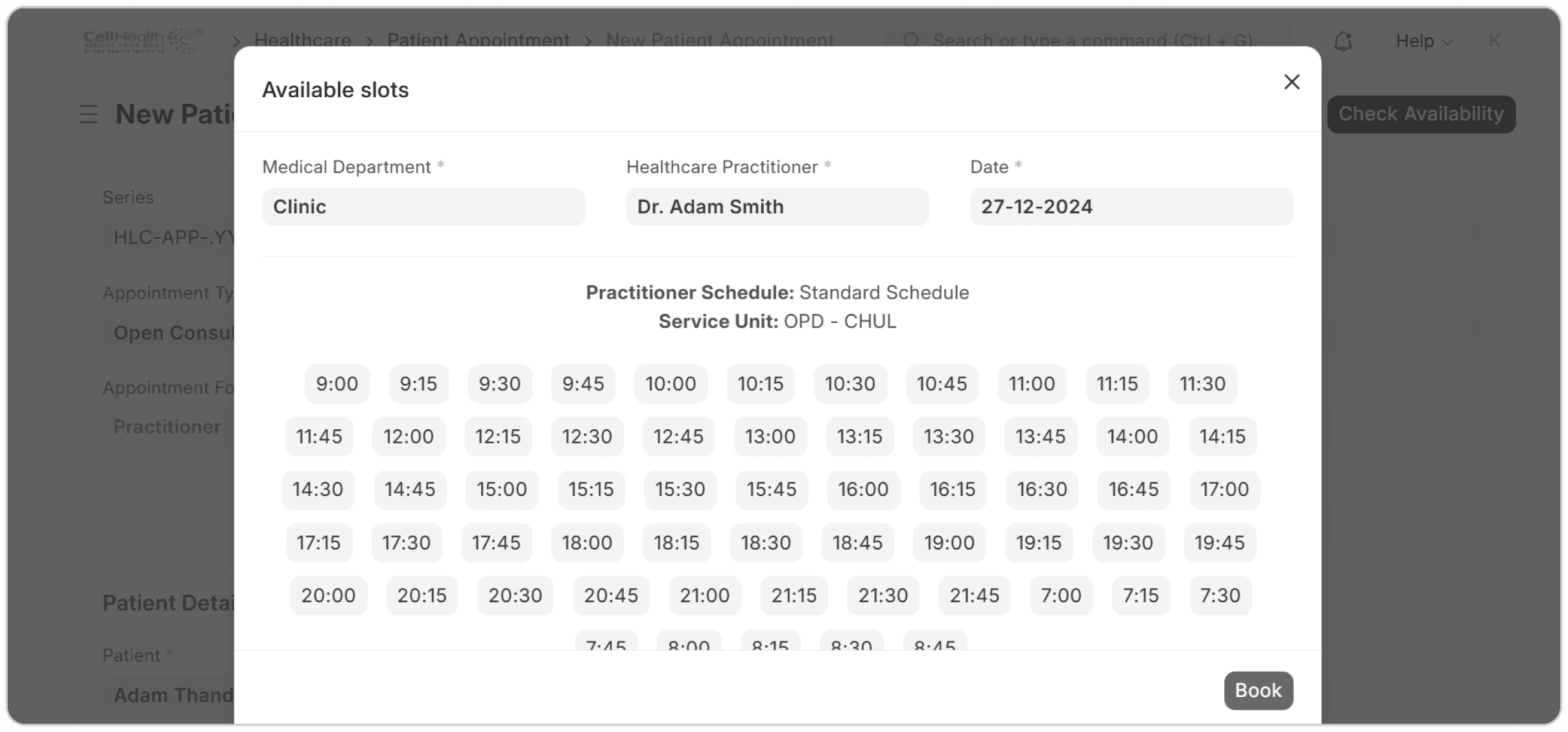 Available practitioner time slots for booking