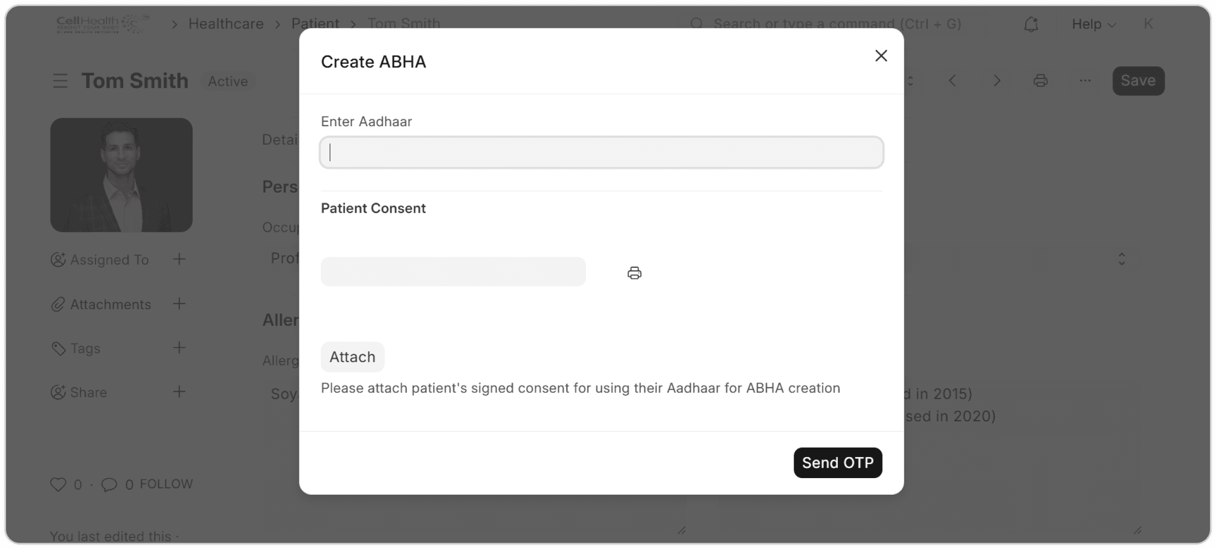 Patient consent and compliance ID creation modal