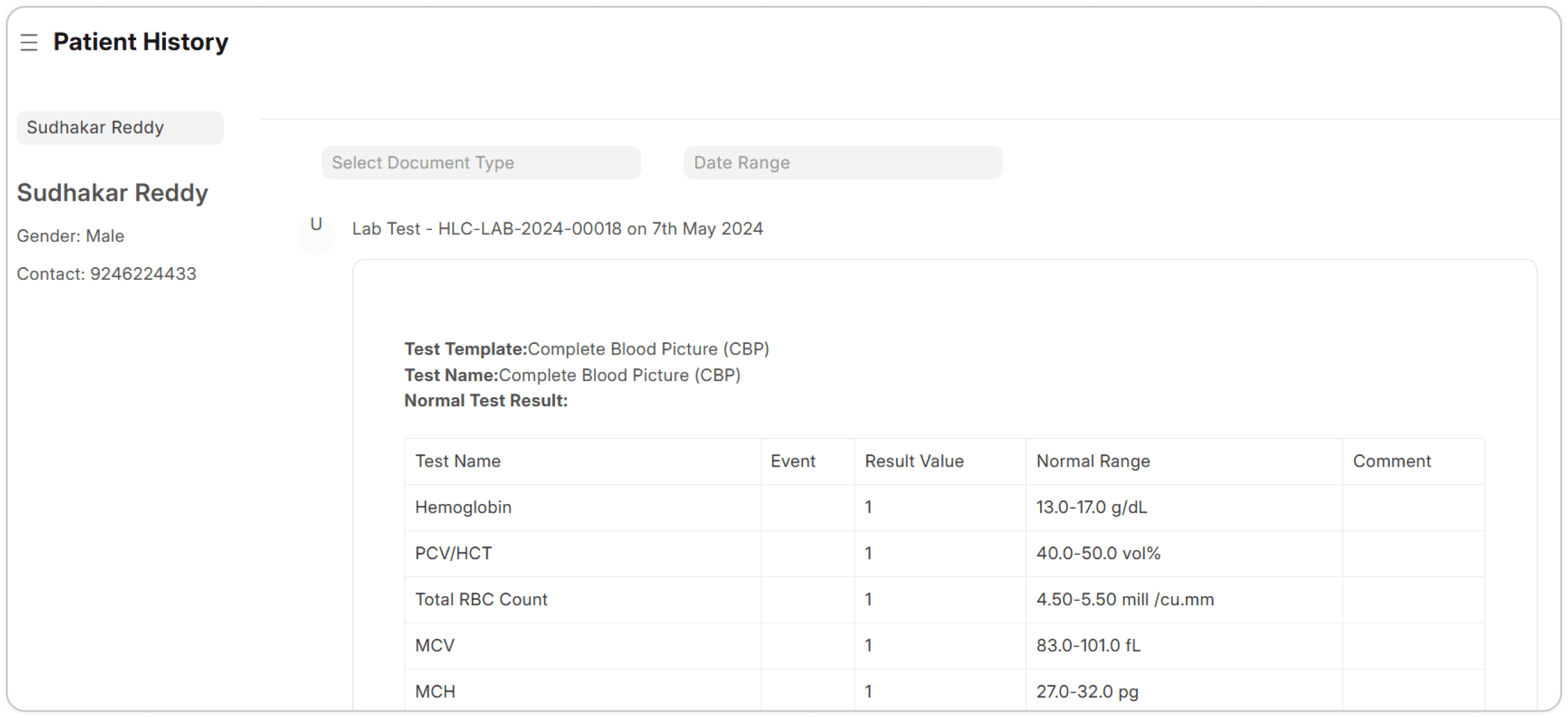 Patient lab test history and results