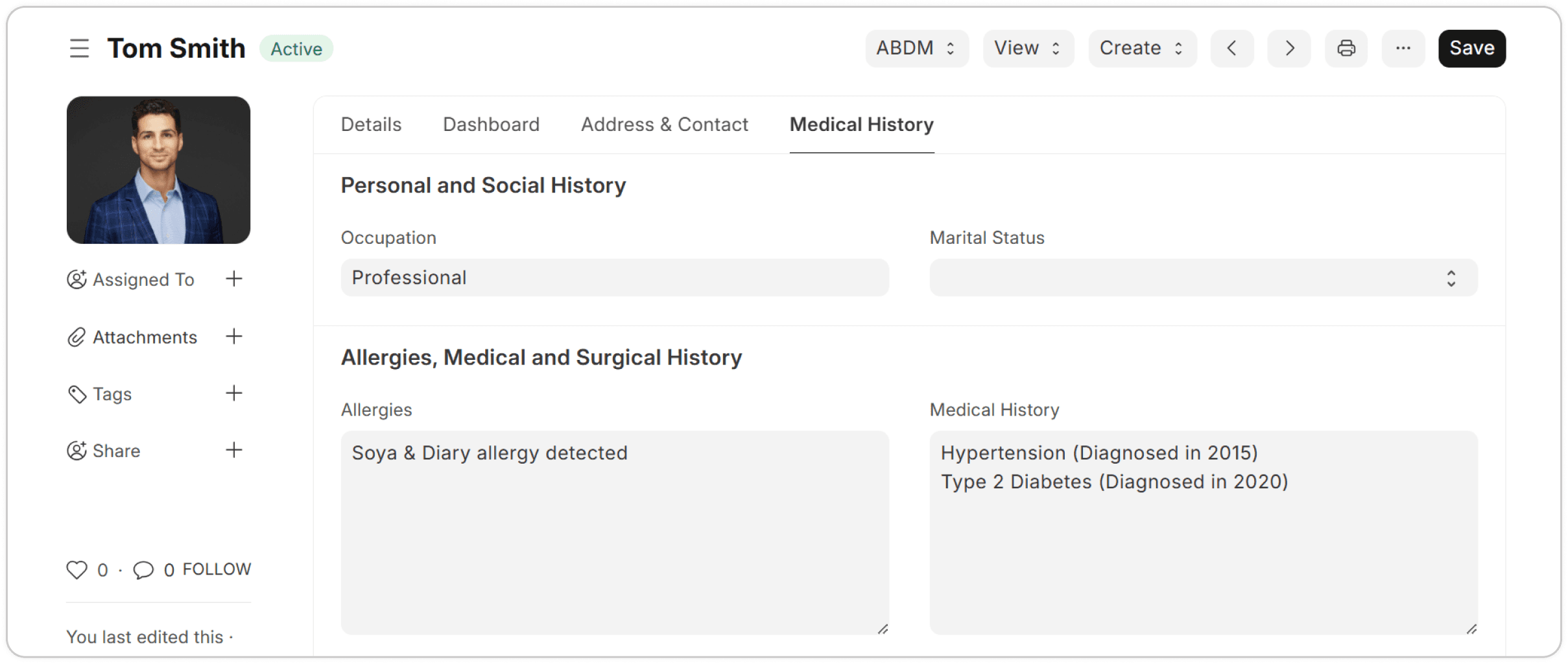 Patient profile with medical and social history