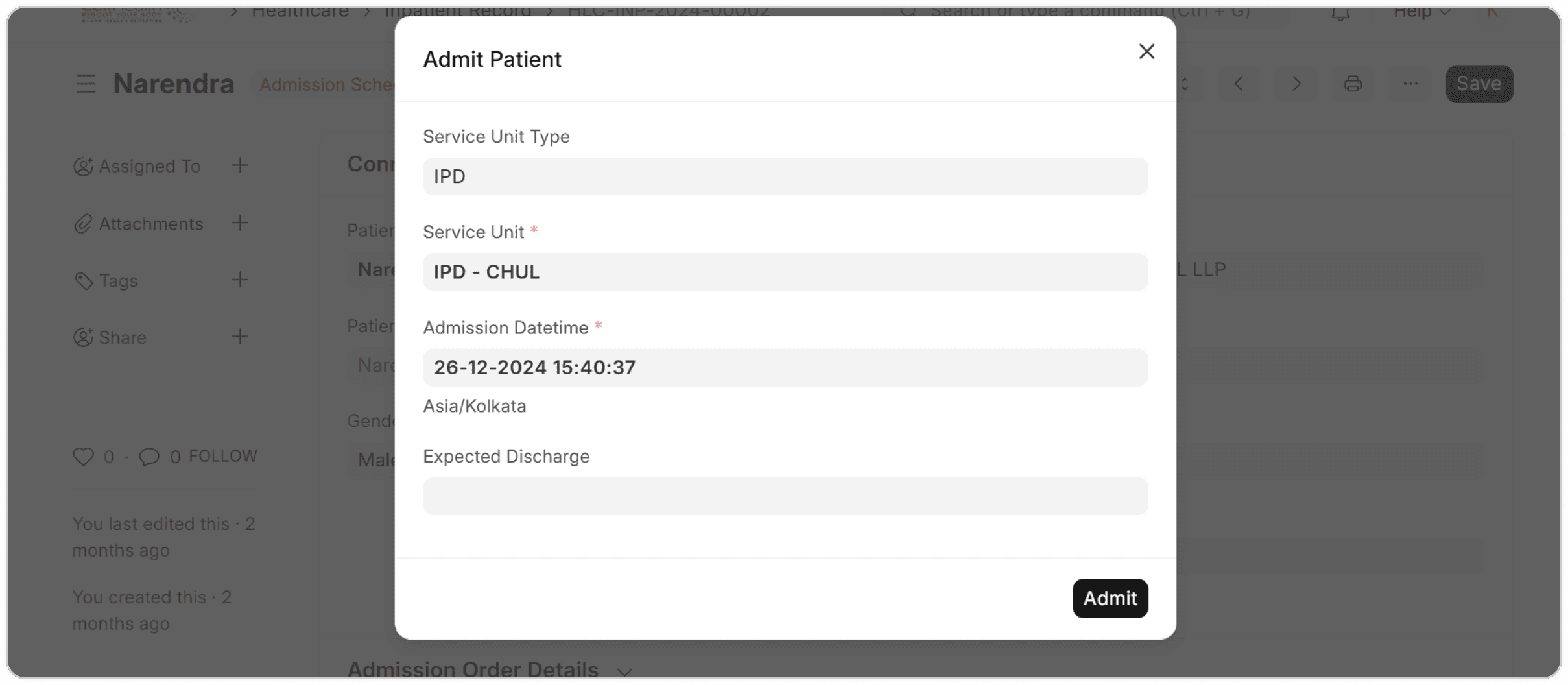 Admit patient modal with service unit and admission details