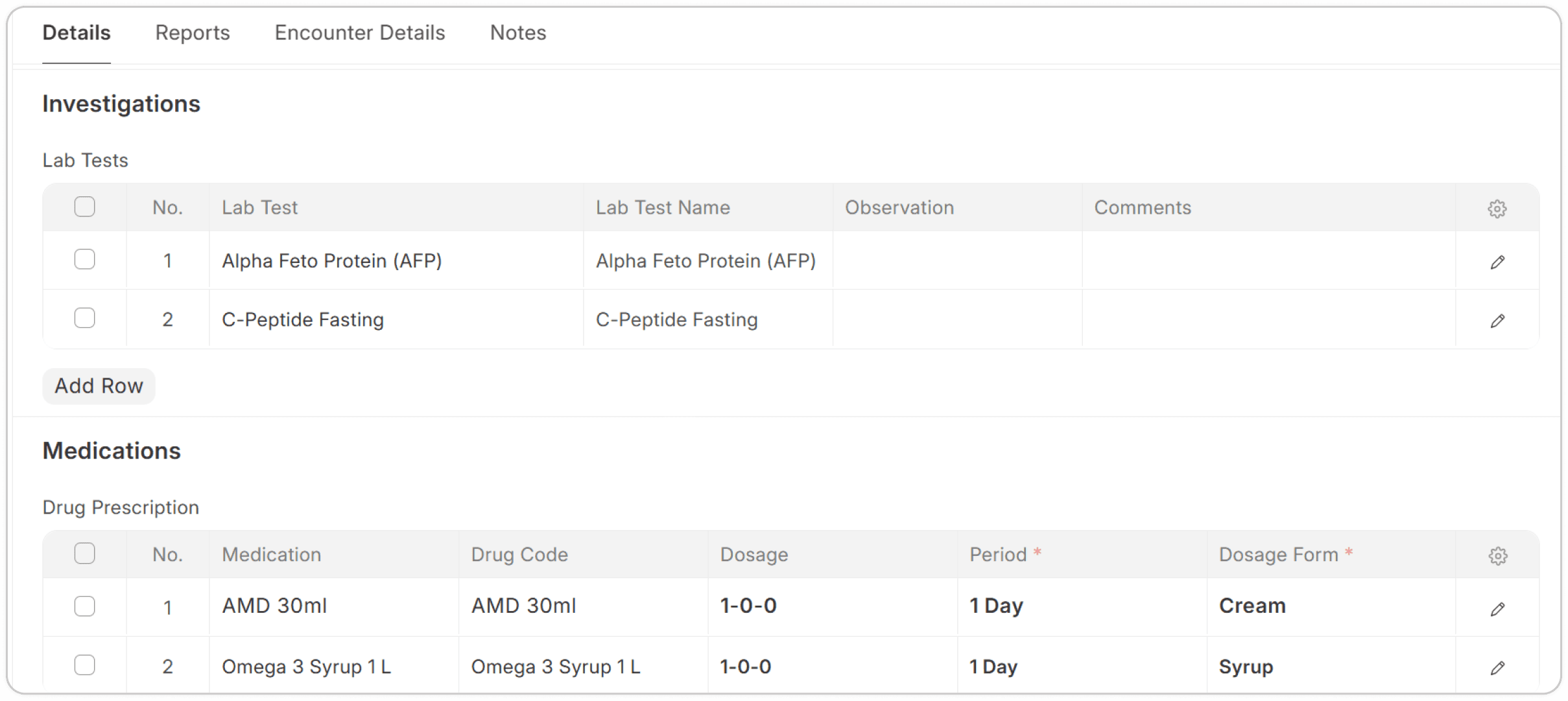 Patient investigations modal with service unit and admission details