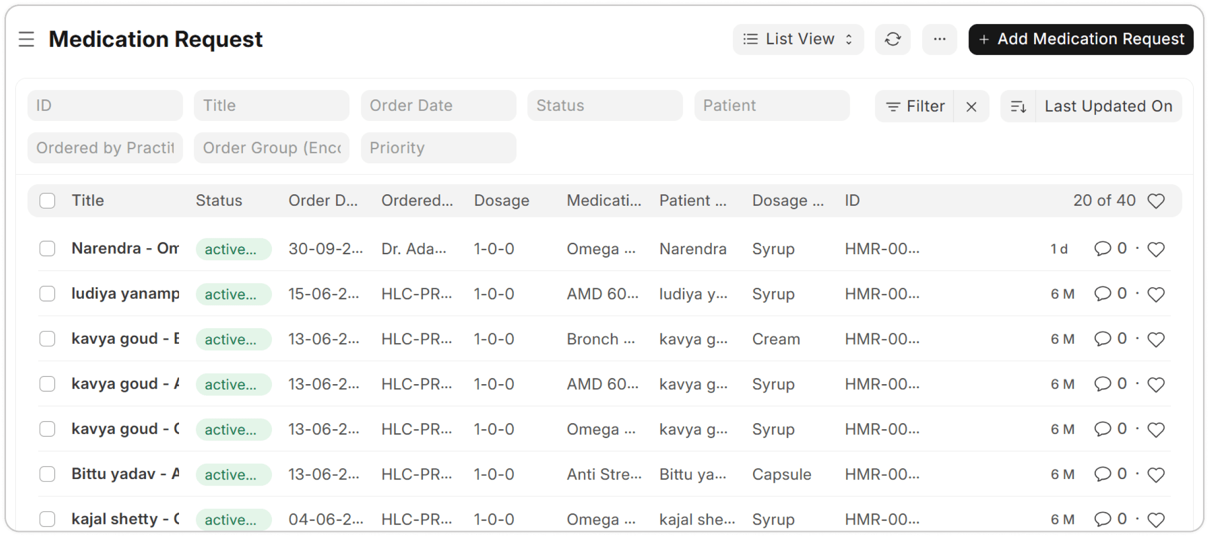Medication request list with dosage and status
